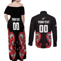 Custom Rugby New Zealand Couples Matching Off Shoulder Maxi Dress and Long Sleeve Button Shirt Baby Black Go Champions LT01 - Polynesian Pride