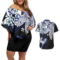Monstera Plumeria Flowers Blue Couples Matching Off Shoulder Short Dress and Hawaiian Shirt Polynesian Pattern