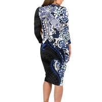 Monstera Plumeria Flowers Blue Family Matching Long Sleeve Bodycon Dress and Hawaiian Shirt Polynesian Pattern