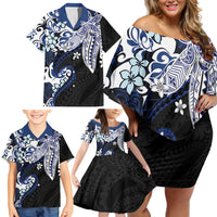 Monstera Plumeria Flowers Blue Family Matching Off Shoulder Short Dress and Hawaiian Shirt Polynesian Pattern LT01 - Polynesian Pride