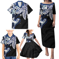 Monstera Plumeria Flowers Blue Family Matching Puletasi and Hawaiian Shirt Polynesian Pattern LT01 - Polynesian Pride