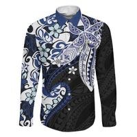 Monstera Plumeria Flowers Blue Family Matching Summer Maxi Dress and Hawaiian Shirt Polynesian Pattern LT01 Dad's Shirt - Long Sleeve Blue - Polynesian Pride