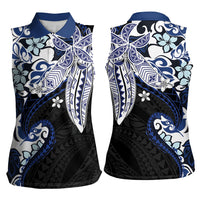 Monstera Plumeria Flowers Blue Women Sleeveless Polo Shirt Polynesian Pattern