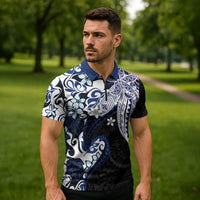 Monstera Plumeria Flowers Blue Zipper Polo Shirt Polynesian Pattern LT01 - Polynesian Pride