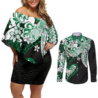 Monstera Plumeria Flowers Green Couples Matching Off Shoulder Short Dress and Long Sleeve Button Shirt Polynesian Pattern