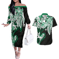 Monstera Plumeria Flowers Green Couples Matching Off The Shoulder Long Sleeve Dress and Hawaiian Shirt Polynesian Pattern LT01 Green - Polynesian Pride