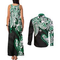 Monstera Plumeria Flowers Green Couples Matching Tank Maxi Dress and Long Sleeve Button Shirt Polynesian Pattern
