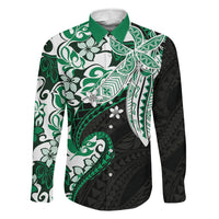 Monstera Plumeria Flowers Green Family Matching Off Shoulder Short Dress and Hawaiian Shirt Polynesian Pattern LT01 Dad's Shirt - Long Sleeve Green - Polynesian Pride