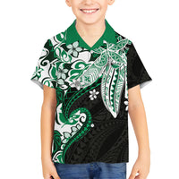 Monstera Plumeria Flowers Green Family Matching Off Shoulder Short Dress and Hawaiian Shirt Polynesian Pattern LT01 Son's Shirt Green - Polynesian Pride