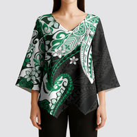 Monstera Plumeria Flowers Green Kimono Sleeve Blouse Polynesian Pattern