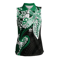 Monstera Plumeria Flowers Green Women Sleeveless Polo Shirt Polynesian Pattern