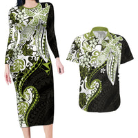 Monstera Plumeria Flowers Olive Green Couples Matching Long Sleeve Bodycon Dress and Hawaiian Shirt Polynesian Pattern LT01 Green - Polynesian Pride