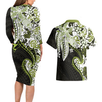 Monstera Plumeria Flowers Olive Green Couples Matching Long Sleeve Bodycon Dress and Hawaiian Shirt Polynesian Pattern LT01 - Polynesian Pride