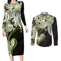 Monstera Plumeria Flowers Olive Green Couples Matching Long Sleeve Bodycon Dress and Long Sleeve Button Shirt Polynesian Pattern LT01 Green - Polynesian Pride