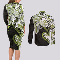 Monstera Plumeria Flowers Olive Green Couples Matching Long Sleeve Bodycon Dress and Long Sleeve Button Shirt Polynesian Pattern LT01 - Polynesian Pride