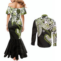 Monstera Plumeria Flowers Olive Green Couples Matching Mermaid Dress and Long Sleeve Button Shirt Polynesian Pattern