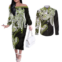 Monstera Plumeria Flowers Olive Green Couples Matching Off The Shoulder Long Sleeve Dress and Long Sleeve Button Shirt Polynesian Pattern LT01 Green - Polynesian Pride