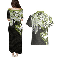 Monstera Plumeria Flowers Olive Green Couples Matching Puletasi and Hawaiian Shirt Polynesian Pattern