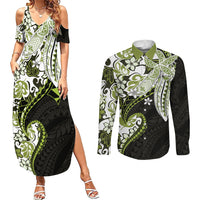 Monstera Plumeria Flowers Olive Green Couples Matching Summer Maxi Dress and Long Sleeve Button Shirt Polynesian Pattern