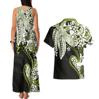 Monstera Plumeria Flowers Olive Green Couples Matching Tank Maxi Dress and Hawaiian Shirt Polynesian Pattern LT01 - Polynesian Pride
