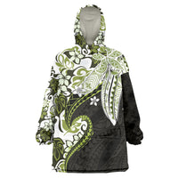 Monstera Plumeria Flowers Olive Green Wearable Blanket Hoodie Polynesian Pattern