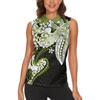 Monstera Plumeria Flowers Olive Green Women Sleeveless Polo Shirt Polynesian Pattern