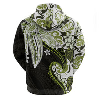 Monstera Plumeria Flowers Olive Green Zip Hoodie Polynesian Pattern
