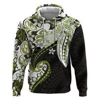 Monstera Plumeria Flowers Olive Green Zip Hoodie Polynesian Pattern