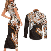 Monstera Plumeria Flowers Orange Couples Matching Short Sleeve Bodycon Dress and Long Sleeve Button Shirt Polynesian Pattern