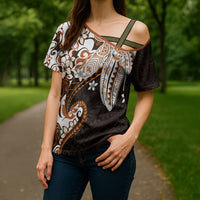 Monstera Plumeria Flowers Orange Cross Shoulder Shirt Polynesian Pattern LT01 - Polynesian Pride