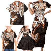 Monstera Plumeria Flowers Orange Family Matching Short Sleeve Bodycon Dress and Hawaiian Shirt Polynesian Pattern