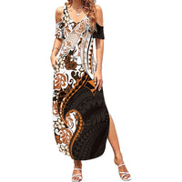 Monstera Plumeria Flowers Orange Family Matching Summer Maxi Dress and Hawaiian Shirt Polynesian Pattern LT01 Mom's Dress Orange - Polynesian Pride