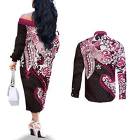 Monstera Plumeria Flowers Pink Couples Matching Off The Shoulder Long Sleeve Dress and Long Sleeve Button Shirt Polynesian Pattern LT01 - Polynesian Pride