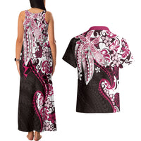 Monstera Plumeria Flowers Pink Couples Matching Tank Maxi Dress and Hawaiian Shirt Polynesian Pattern