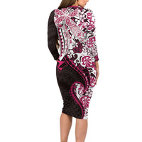 Monstera Plumeria Flowers Pink Long Sleeve Bodycon Dress Polynesian Pattern