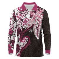 Monstera Plumeria Flowers Pink Long Sleeve Polo Shirt Polynesian Pattern