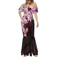 Monstera Plumeria Flowers Pink Mermaid Dress Polynesian Pattern