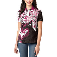 Monstera Plumeria Flowers Pink Women Polo Shirt Polynesian Pattern