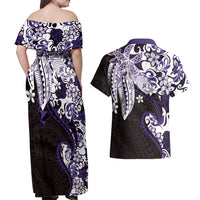Monstera Plumeria Flowers Purple Couples Matching Off Shoulder Maxi Dress and Hawaiian Shirt Polynesian Pattern LT01 - Polynesian Pride