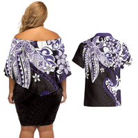 Monstera Plumeria Flowers Purple Couples Matching Off Shoulder Short Dress and Hawaiian Shirt Polynesian Pattern LT01 - Polynesian Pride