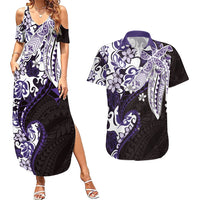Monstera Plumeria Flowers Purple Couples Matching Summer Maxi Dress and Hawaiian Shirt Polynesian Pattern LT01 Purple - Polynesian Pride