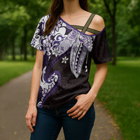 Monstera Plumeria Flowers Purple Cross Shoulder Shirt Polynesian Pattern