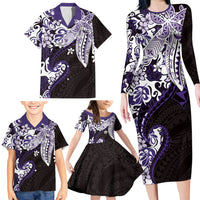 Monstera Plumeria Flowers Purple Family Matching Long Sleeve Bodycon Dress and Hawaiian Shirt Polynesian Pattern