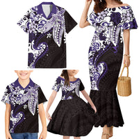 Monstera Plumeria Flowers Purple Family Matching Mermaid Dress and Hawaiian Shirt Polynesian Pattern