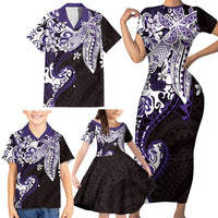 Monstera Plumeria Flowers Purple Family Matching Short Sleeve Bodycon Dress and Hawaiian Shirt Polynesian Pattern