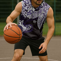 Monstera Plumeria Flowers Purple Sleeveless Hoodie Polynesian Pattern