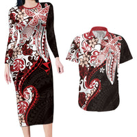 Monstera Plumeria Flowers Red Couples Matching Long Sleeve Bodycon Dress and Hawaiian Shirt Polynesian Pattern LT01 Red - Polynesian Pride