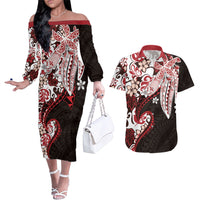 Monstera Plumeria Flowers Red Couples Matching Off The Shoulder Long Sleeve Dress and Hawaiian Shirt Polynesian Pattern LT01 Red - Polynesian Pride