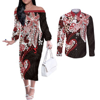 Monstera Plumeria Flowers Red Couples Matching Off The Shoulder Long Sleeve Dress and Long Sleeve Button Shirt Polynesian Pattern