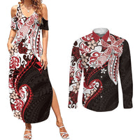 Monstera Plumeria Flowers Red Couples Matching Summer Maxi Dress and Long Sleeve Button Shirt Polynesian Pattern